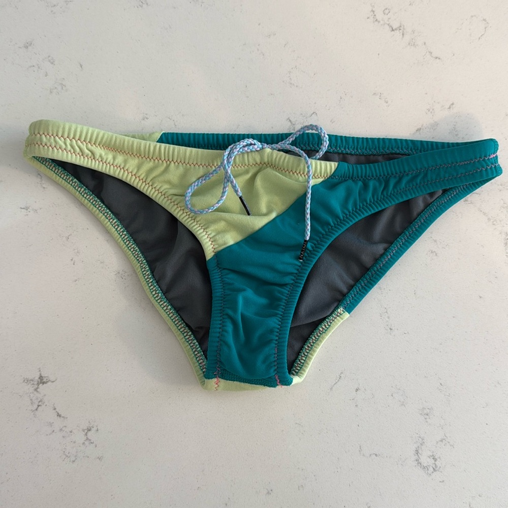 Jolyn Two-Tone Teal and Yellow Bikini Swim Bottom (L)